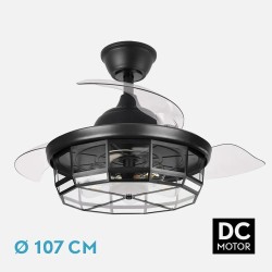 Ventilador Dc Tornado Cuero/Blanco/Negro 5xe27 107d 3aspas Desplegables 6velocidades C/remoto Y Temporizador